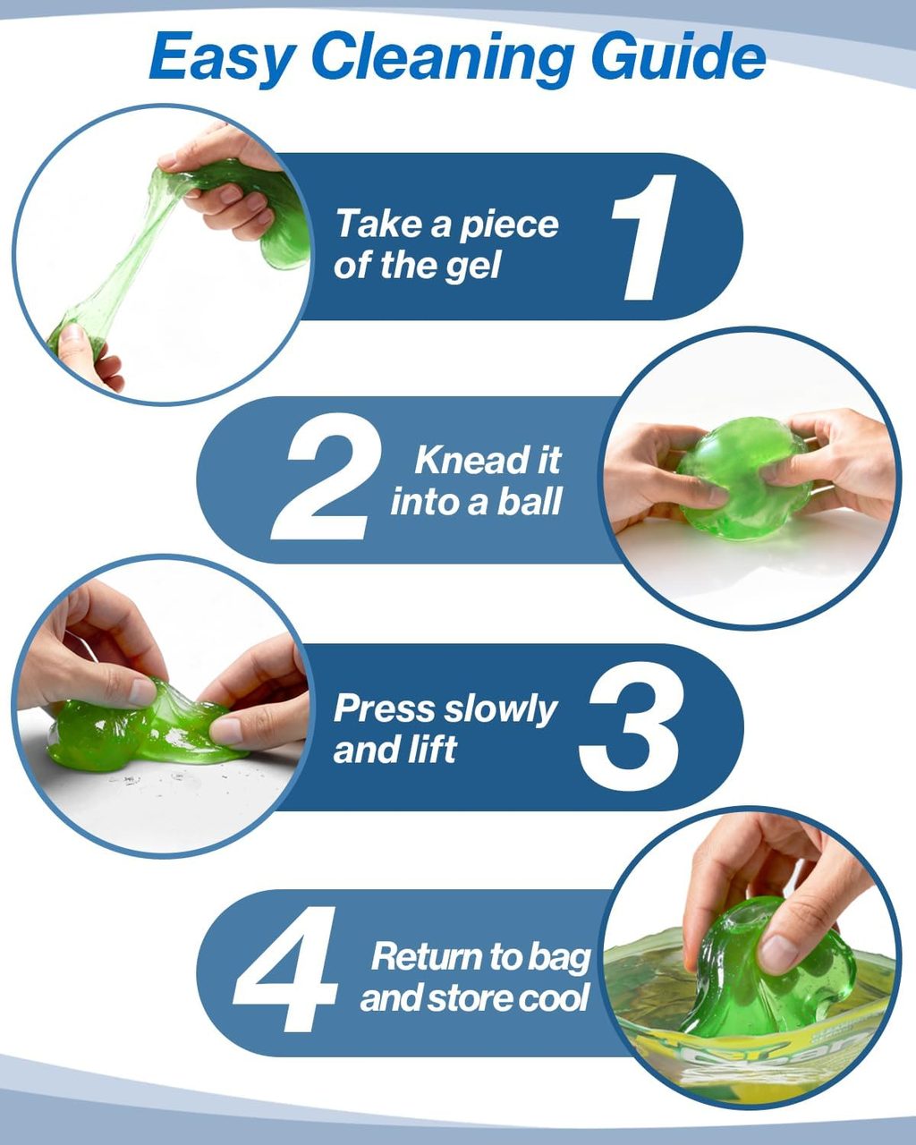 Four-step cleaning gel guide: take a piece, knead into a ball, press and lift, return to bag